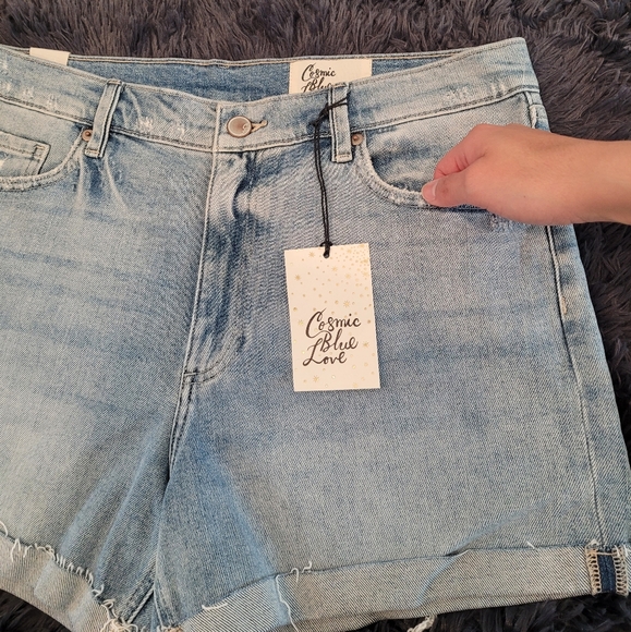 NWT Cosmic Blue Love Distressed Jean Shorts with Frayed Hem - Picture 2 of 6